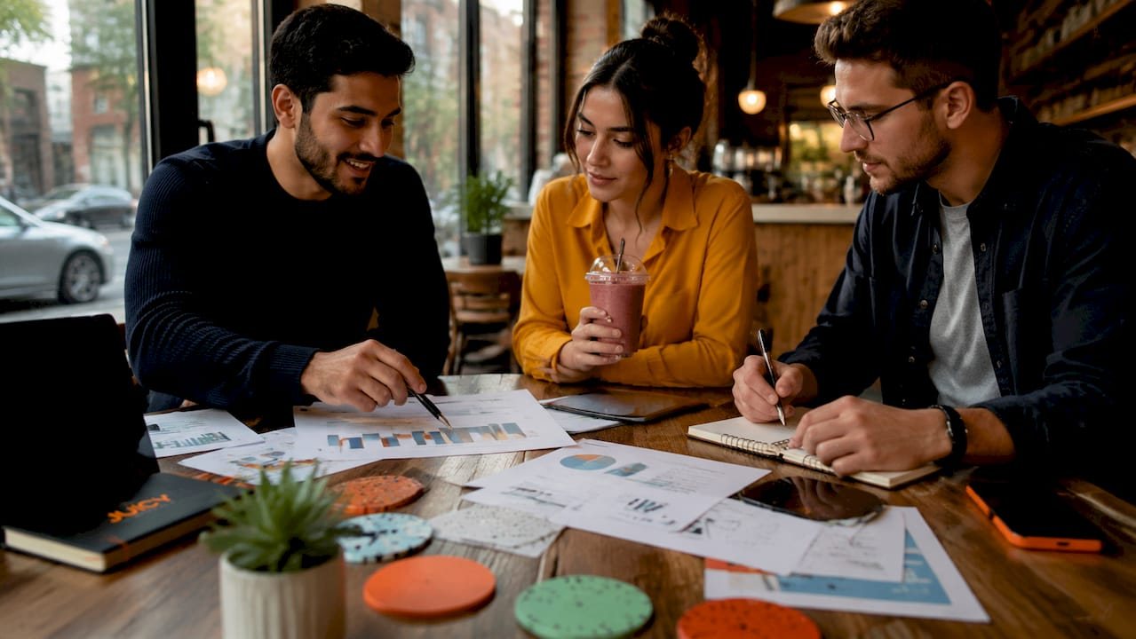Team discussing marketing audit insights at table