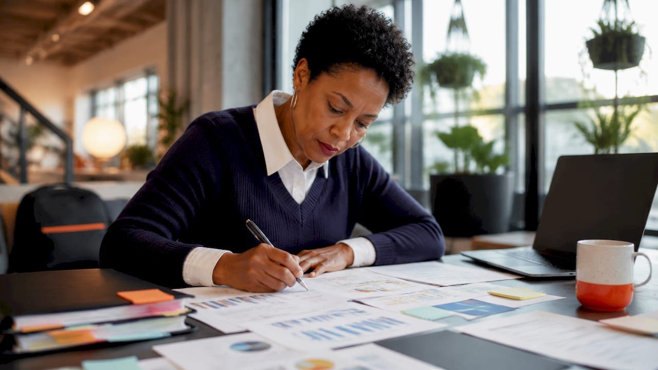 Marketing analyst reviewing audit reports at desk